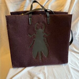 Fly London Plum Wool Felt Tote with Black Beetle Appliqué